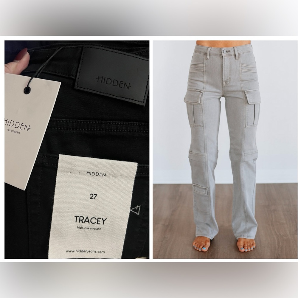 🟤NWT HIDDEN Tracey Cargo High-Rise Straight Jeans in Black Sz 27